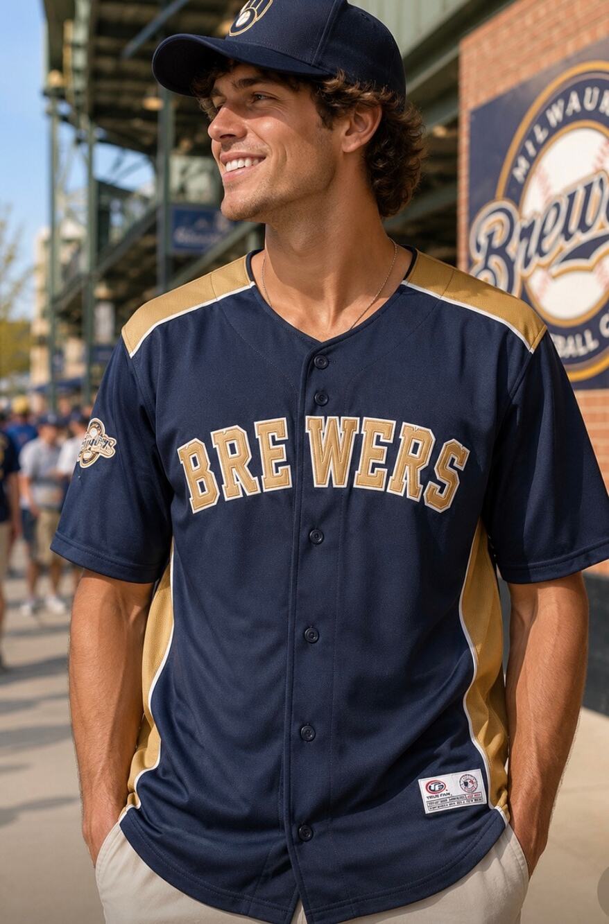 Milwaukee Brewers MLB True fan embroidered spell out logo baseball jersey blue L